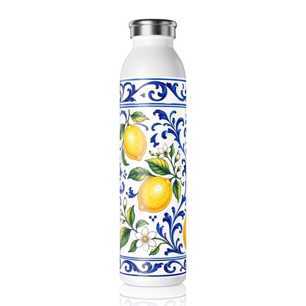 Little Italy Amalfi Blue and White with Lemon Slim Water Bottle — Mediterranean Lemon Ceramic-Style Stainless Bottle