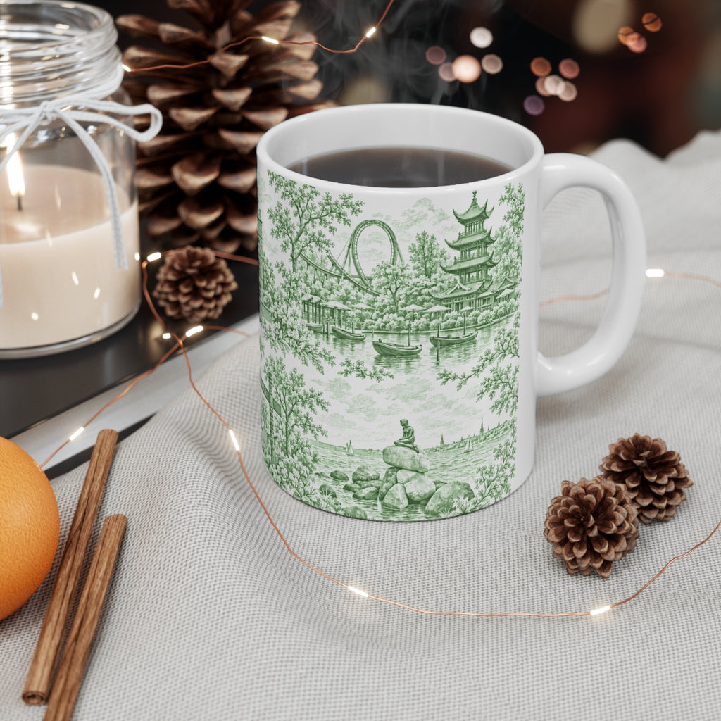 Copenhagen Green Toile de Jouy Ceramic Coffee Mug (11 oz, Ships from Europe)
