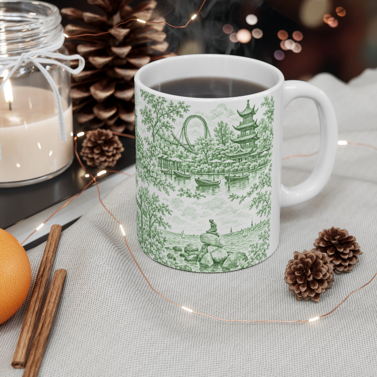 Copenhagen Green Toile de Jouy Ceramic Coffee Mug (11 oz, Ships from Europe)