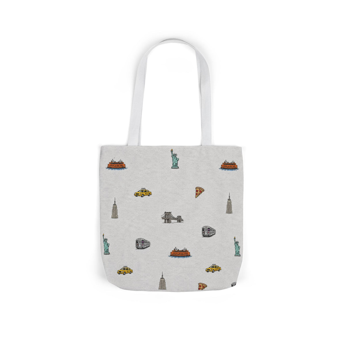 Icons of New York Heather Gray Canvas Tote — Statue of Liberty, Pizza & Taxi Pattern