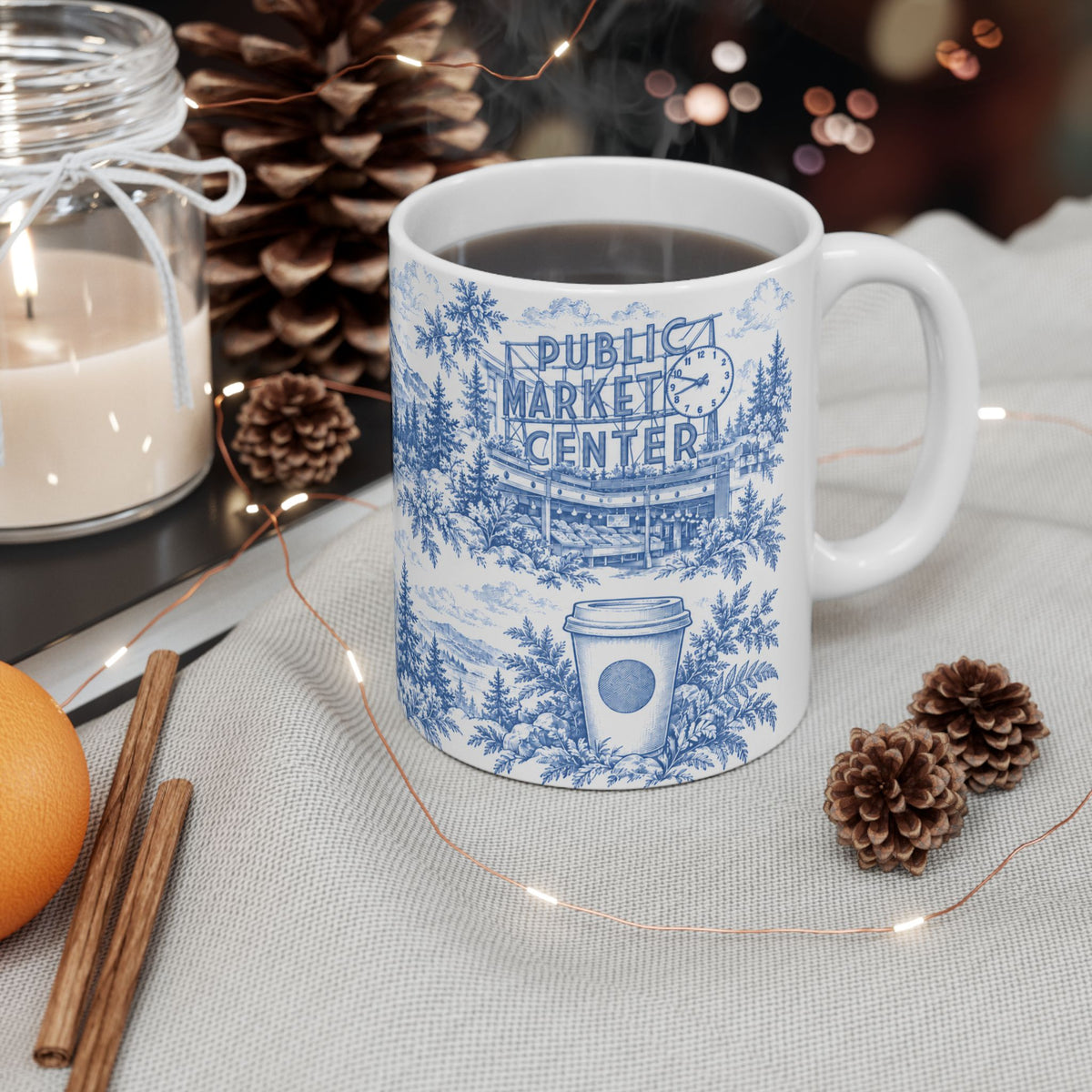 Seattle Blue Toile de Jouy Ceramic Mug — Seattle, Washington and Surroundings Scenic Coffee Cup (11oz)