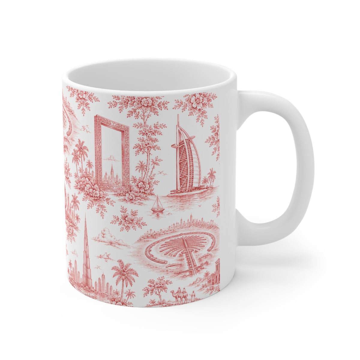 Dubai Red Toile de Jouy Ceramic Mug -  Coffee Cup (11oz; Ships from Europe)