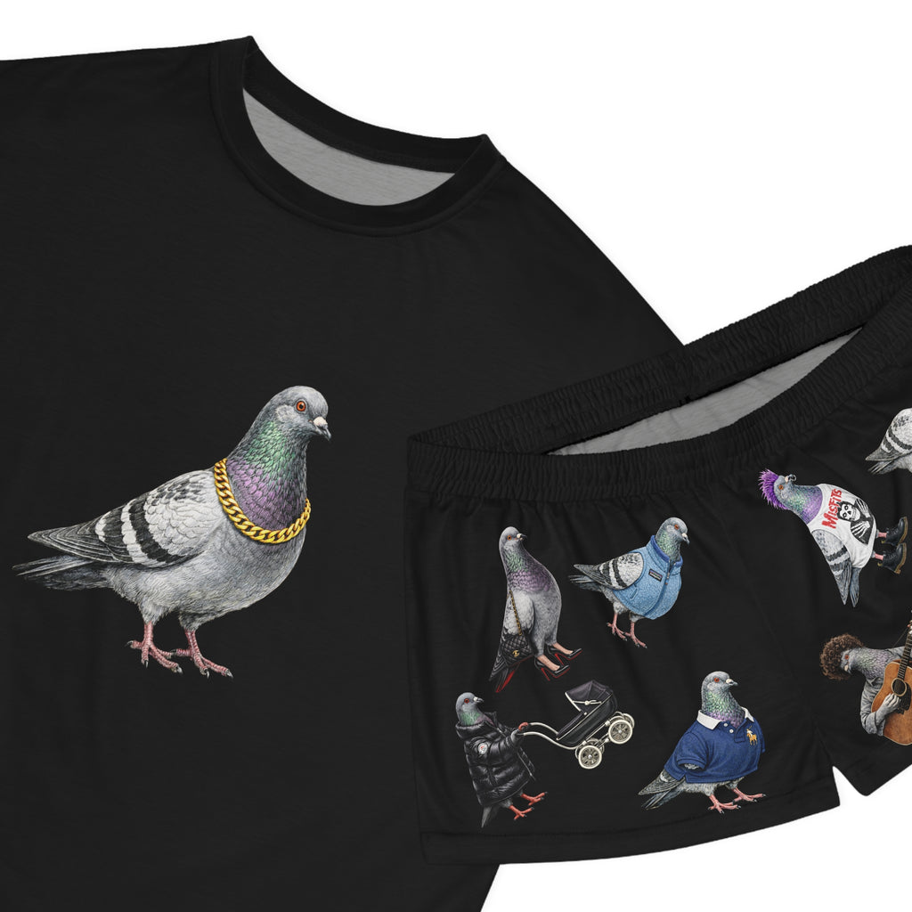 Black NYC Pigeons Pattern Short Pajama Set | New York City Bird Lovers Print PJs Cozy Sleepwear