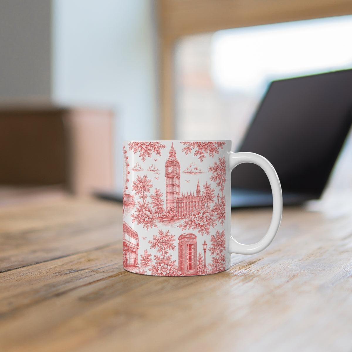 London Red Toile de Jouy Ceramic Coffee Mug - (11oz; Ships from Europe)