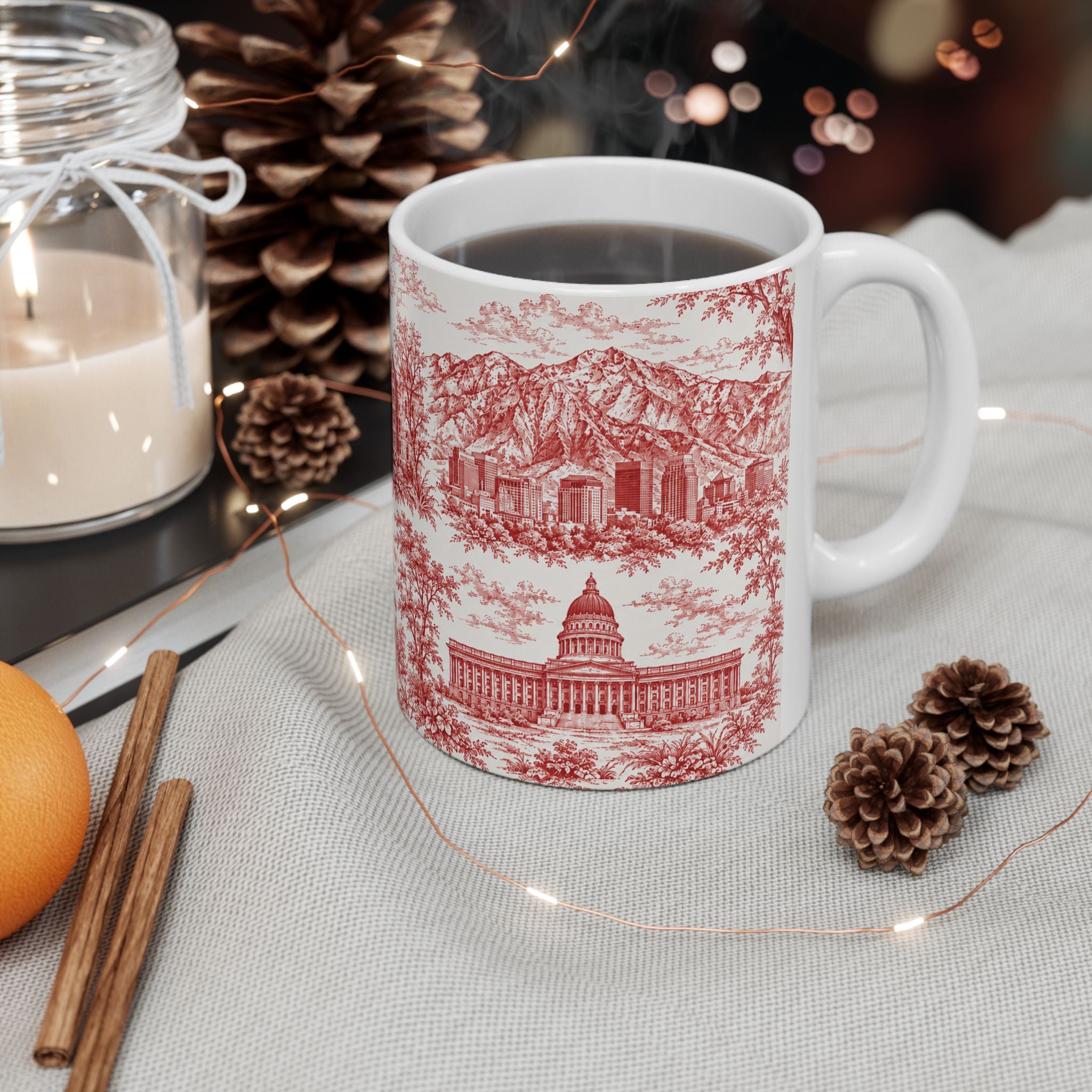 Salt Lake City Red Toile de Jouy Mug —  Ceramic Coffee Cup (11oz)