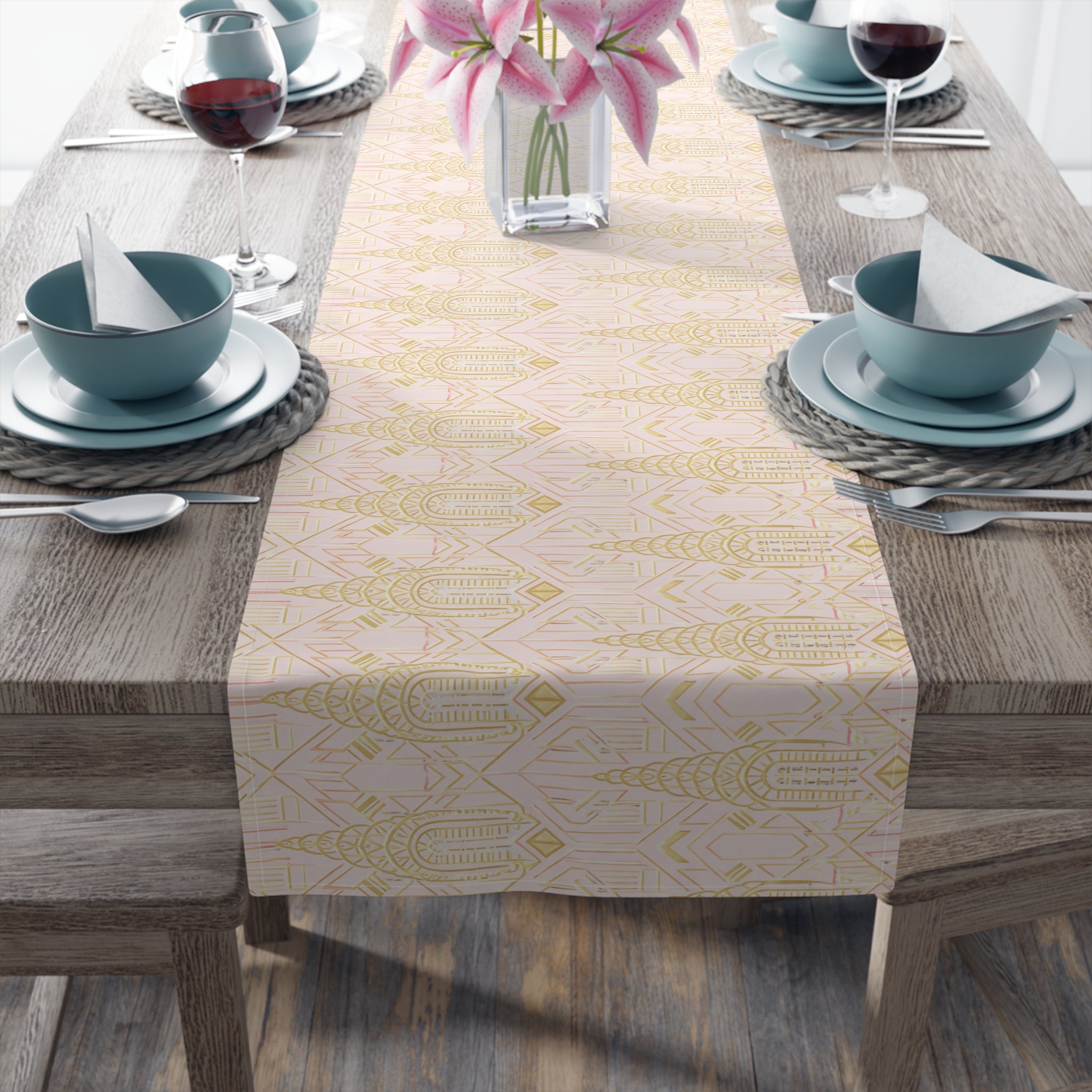 Art Deco Chrysler Building Pale Pink & Gold Table Runner — NYC Elegant Geometric Tabletop Dining Decor