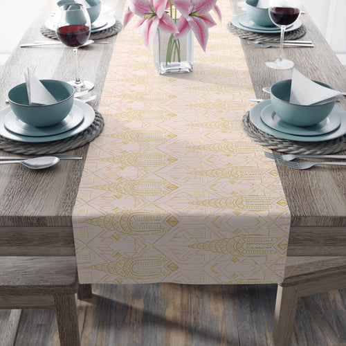 Art Deco Chrysler Building Pale Pink & Gold Table Runner — NYC Elegant Geometric Tabletop Dining Decor