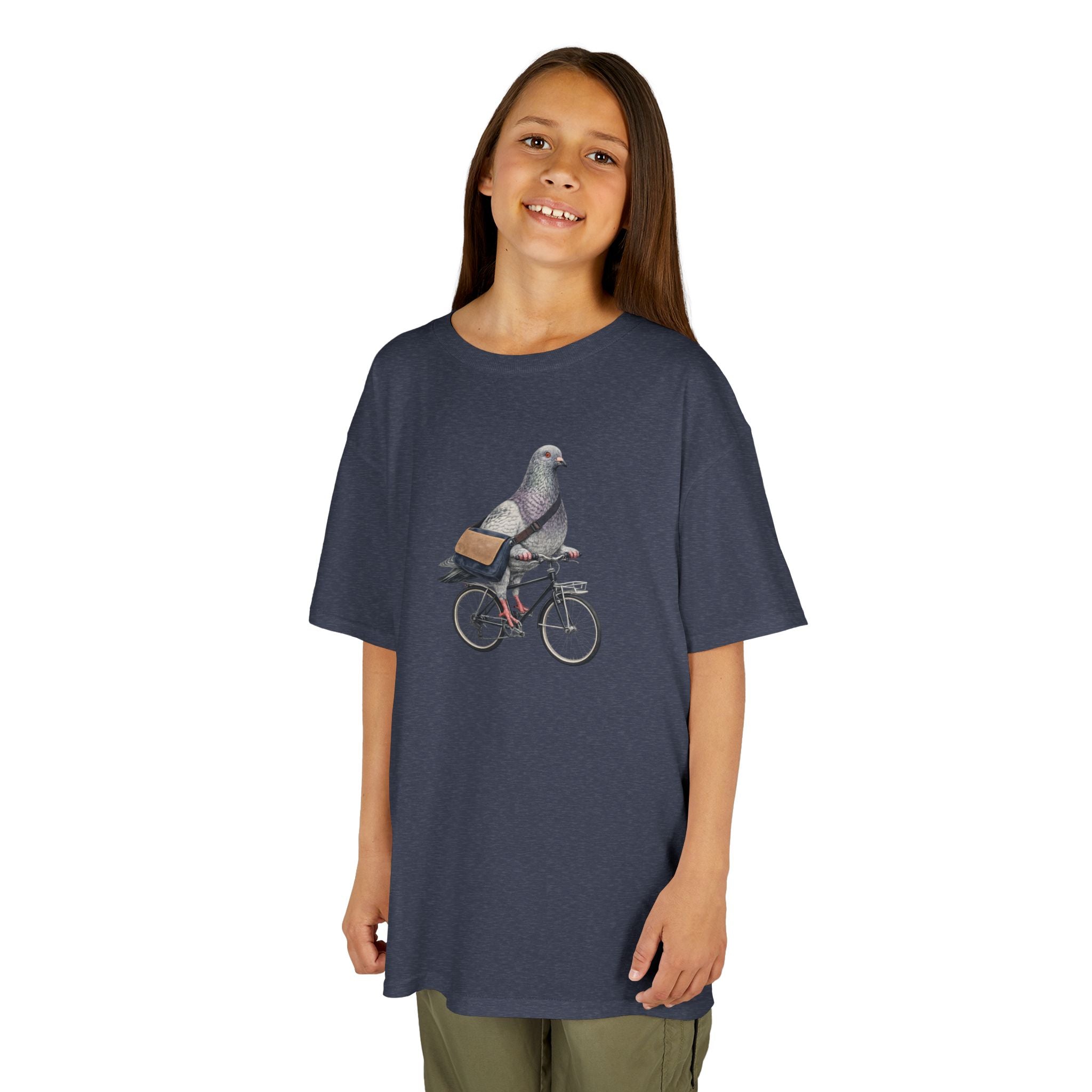 Customizable Midtown NYC Pigeon Bike Rider Kid Tee —  Cute Bird Bike Rider T-Shirt for Children