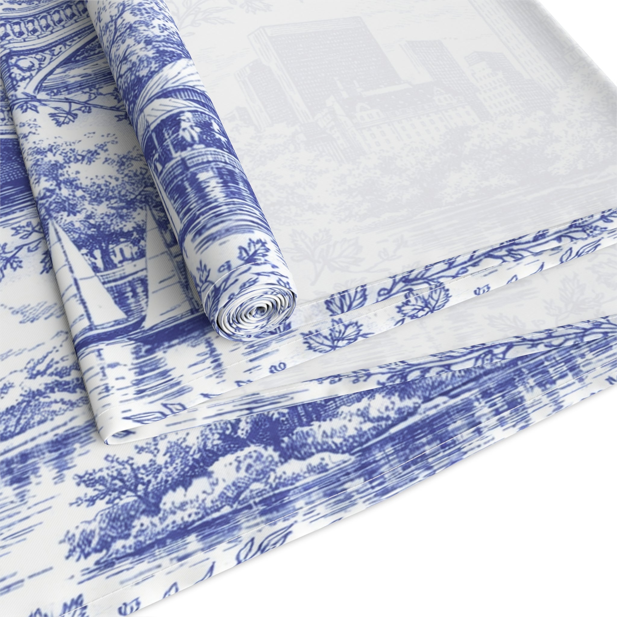 Chemin de table Toile de Jouy bleue Central Park NYC — Décoration de table à manger chinoiserie new-yorkaise