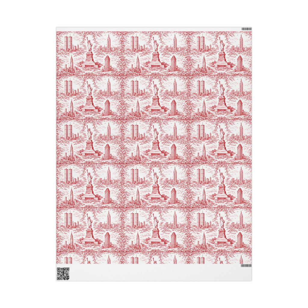 Manhattan NYC Red Toile Gift Wrapping Papers   Chinoiserie Old New York City Gift Wrap Empire State Building Twin Towers Statue of Liberty