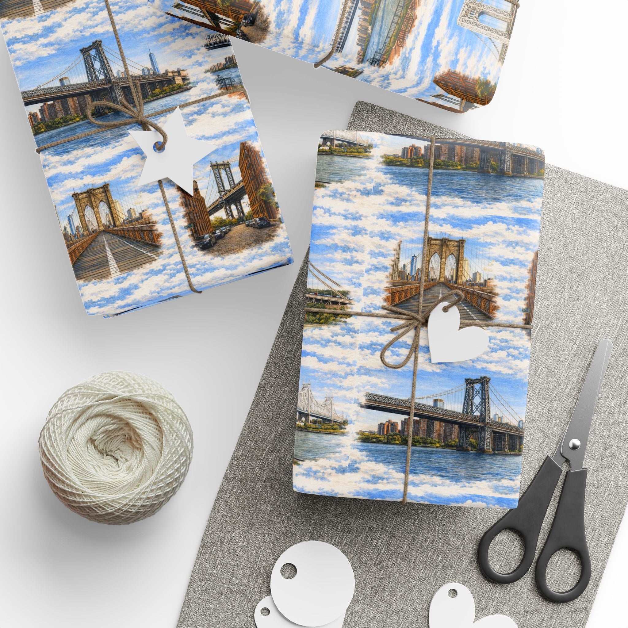The Bridges of New York County Sky Toile NYC Gift Wrapping Paper | New York City Brooklyn Bridge DUMBO Manhattan Toile Pattern Roll