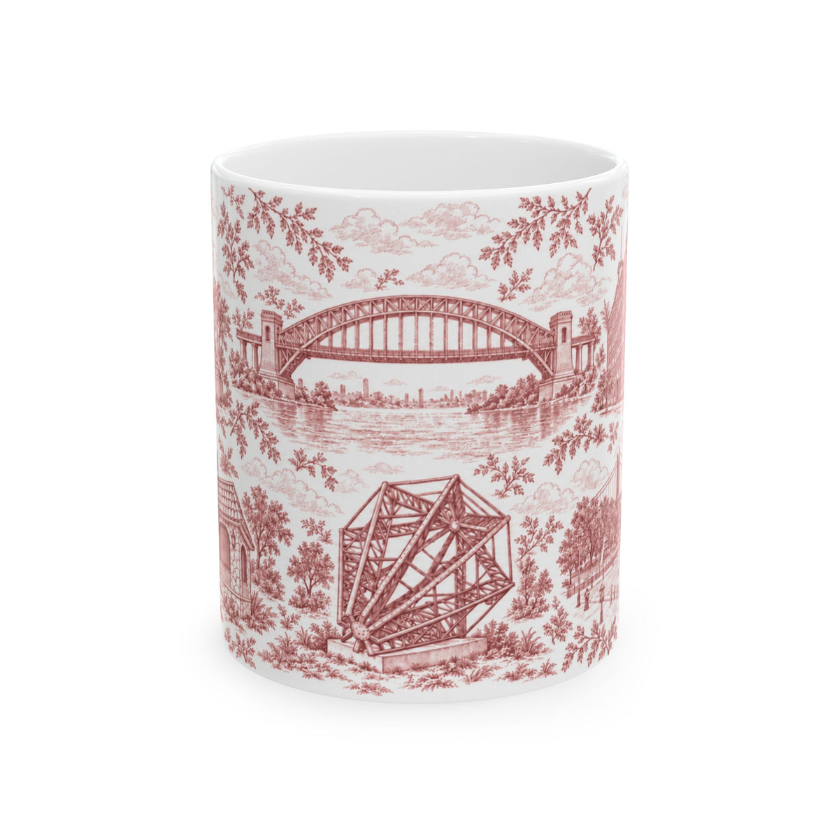 Astoria Red Toile Cityscape Ceramic Mug — 11oz Decorative Coffee Cup