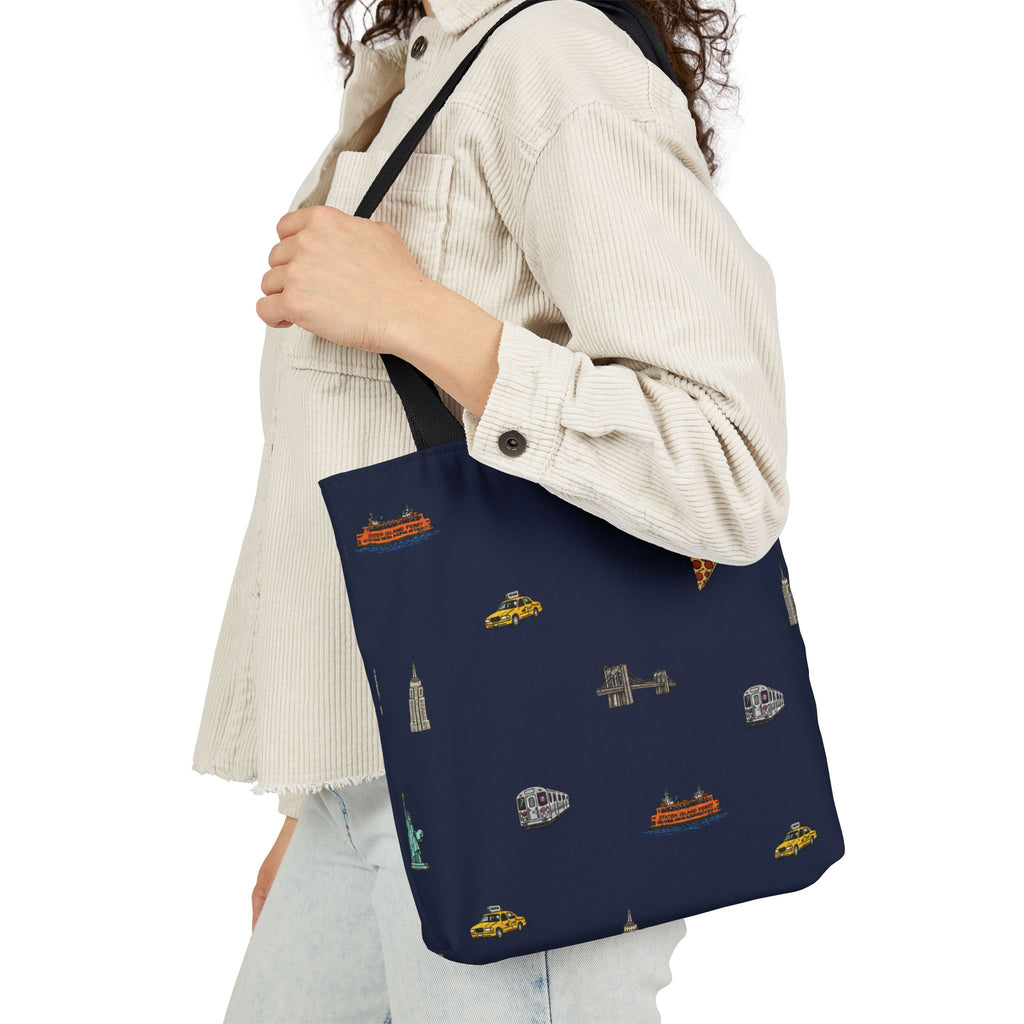 Icons of New York City Blue Canvas Tote — Statue of Liberty, Pizza & Taxi Pattern