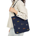 Icons of New York City Blue Canvas Tote — Statue of Liberty, Pizza & Taxi Pattern