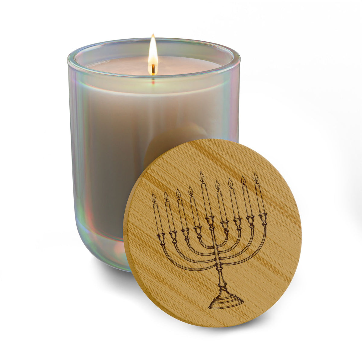 Hanukkah Menorah Engraved Soy Candle — 14oz Scented Chanukkah Jar with Bamboo Lid