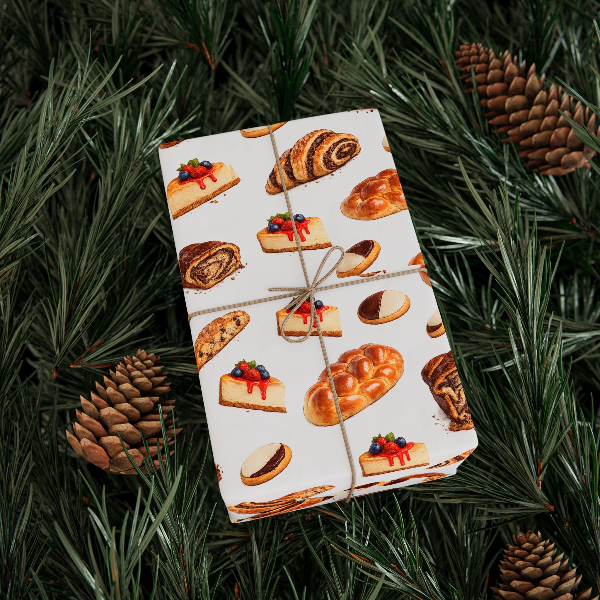 Kosher Bakery Pastries Pattern White Gift Wrap Paper | Bagels Challah Cheesecake Roll Gift Wrapping Paper