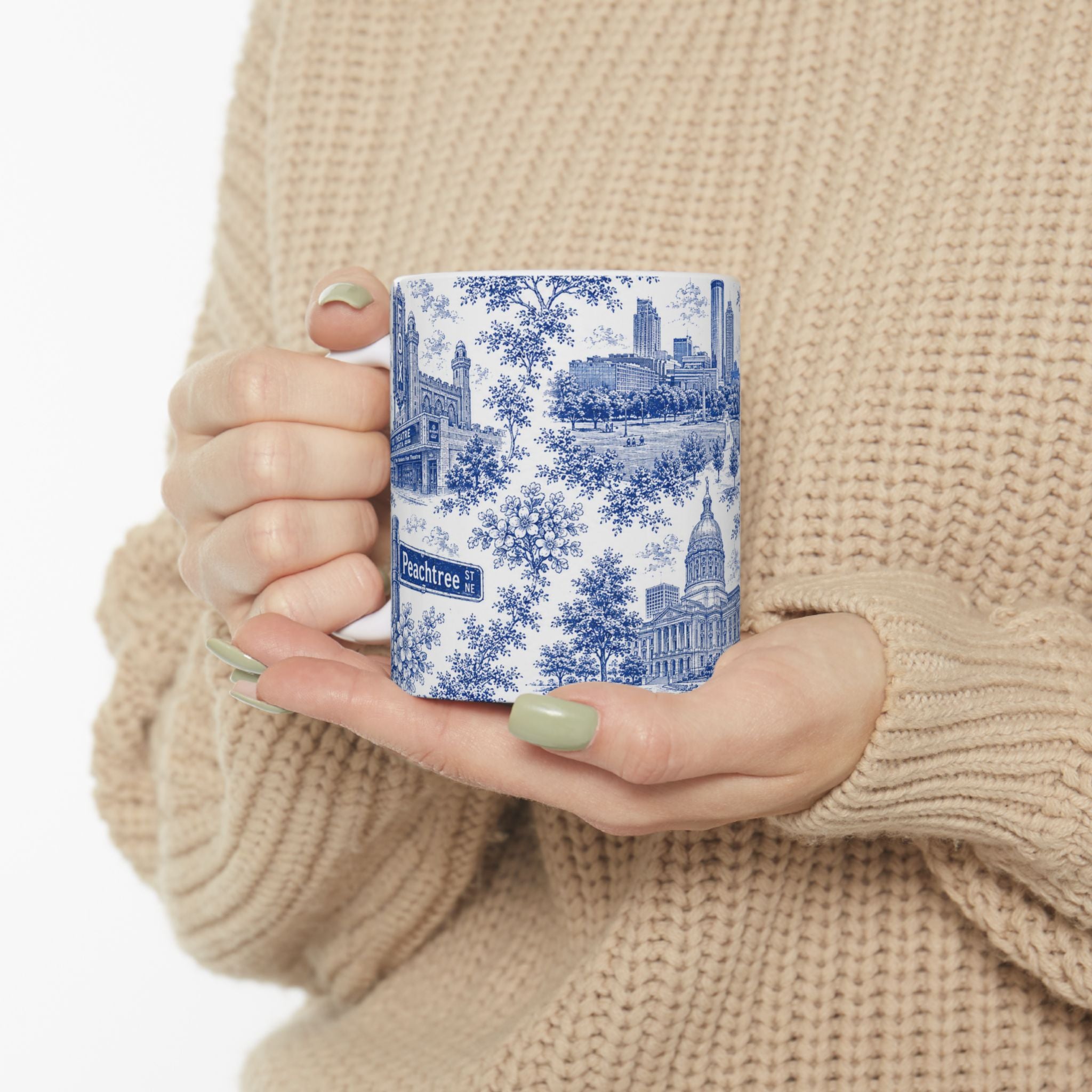 Atlanta Blue Toile de Jouy Ceramic Mug — Atlanta, Georgia Skyline & Capitol Illustration (11oz)