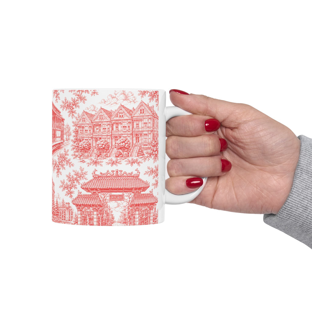 San Francisco RedToile de Jouy Ceramic Mug — Vintage Cable Car & Palace of Fine Arts Design (11oz)