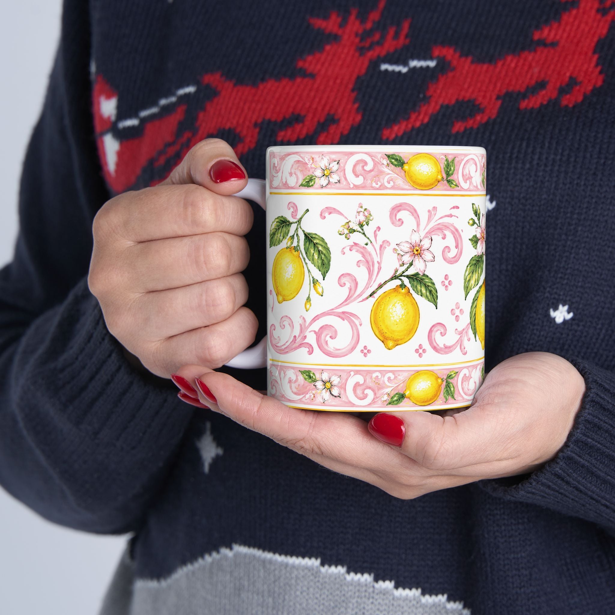 Little Italy Amalfi Pink with Lemon Mug — Italian Mediterranean Pattern Coffee Cup (11oz)
