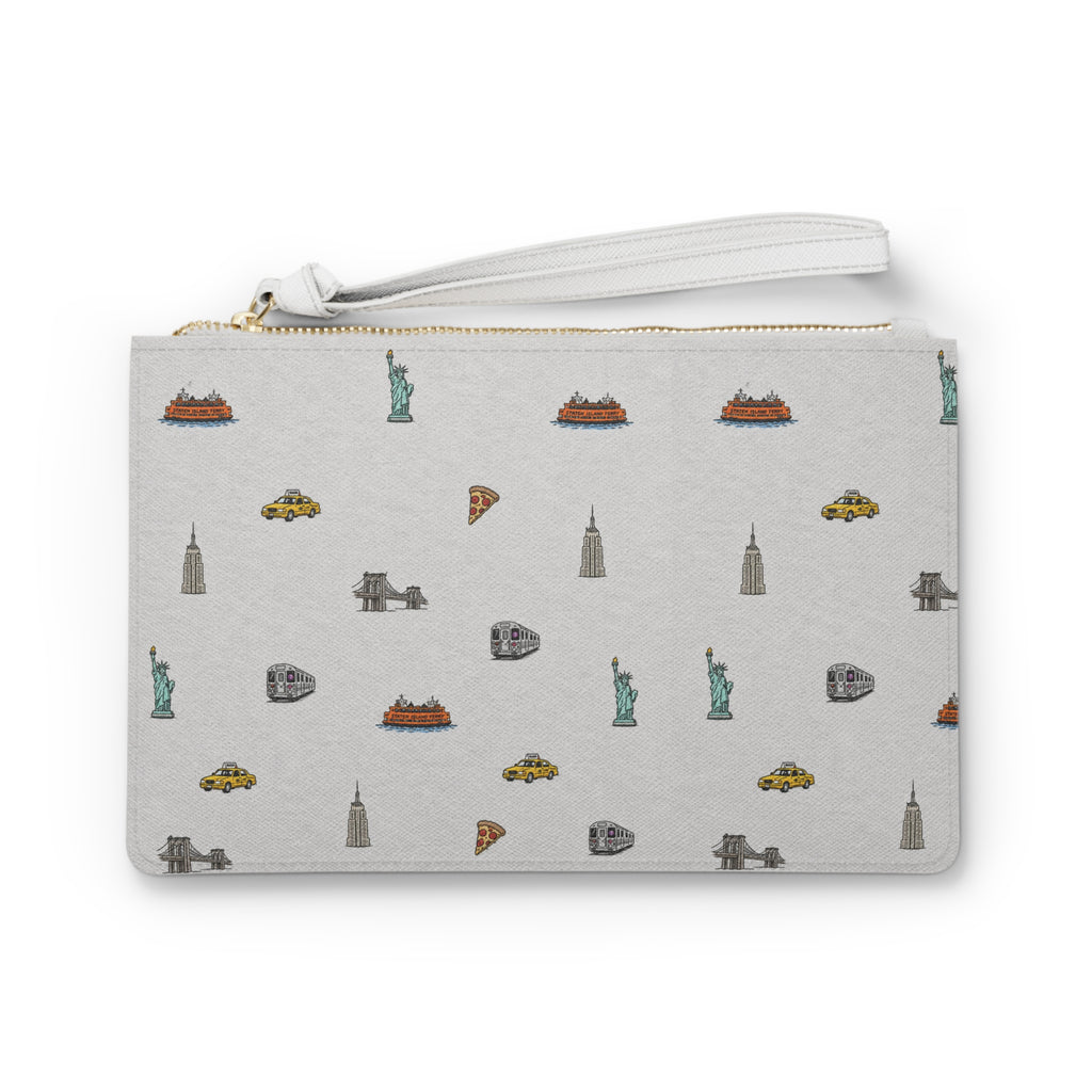 Icons of New York City Heather Gray Clutch — Statue of Liberty, Taxi & Pizza Pattern