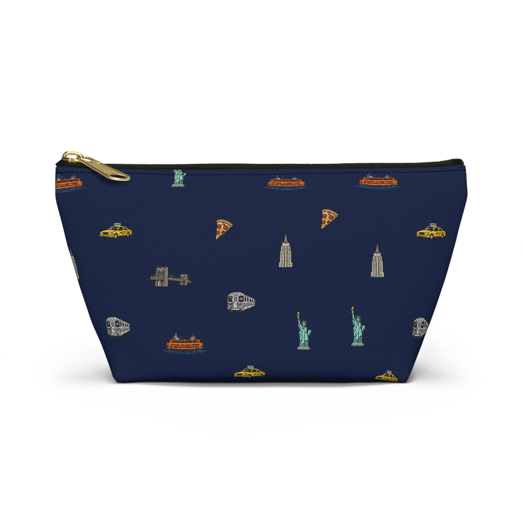 Icons of New York City Navy Blue Accessory Pouch — T-Bottom Makeup Bag with Statue of Liberty, Taxi & Pizza Pattern
