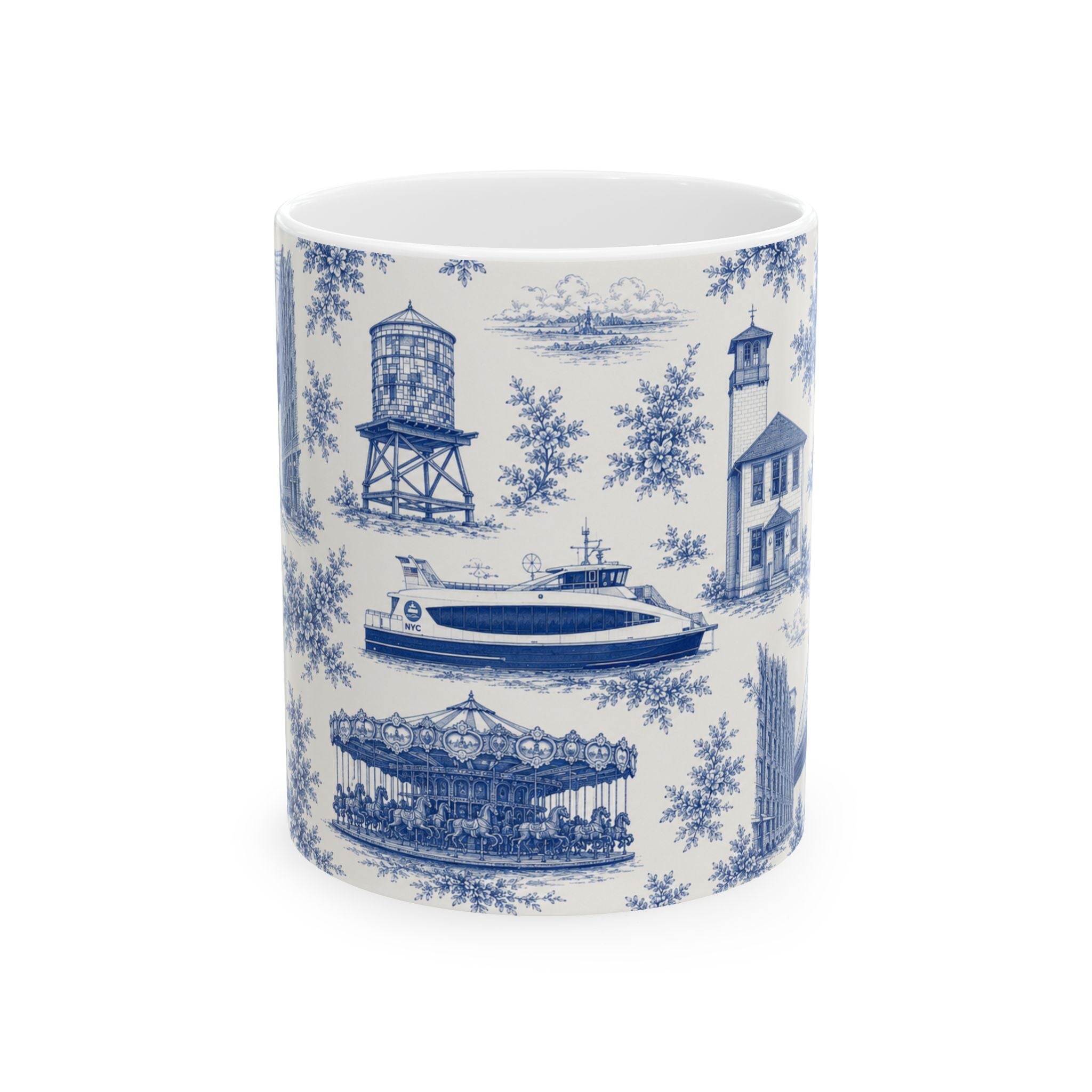 DUMBO Blue Toile de Jouy Mug | NYC Chinoiserie Ceramic Coffee Cup