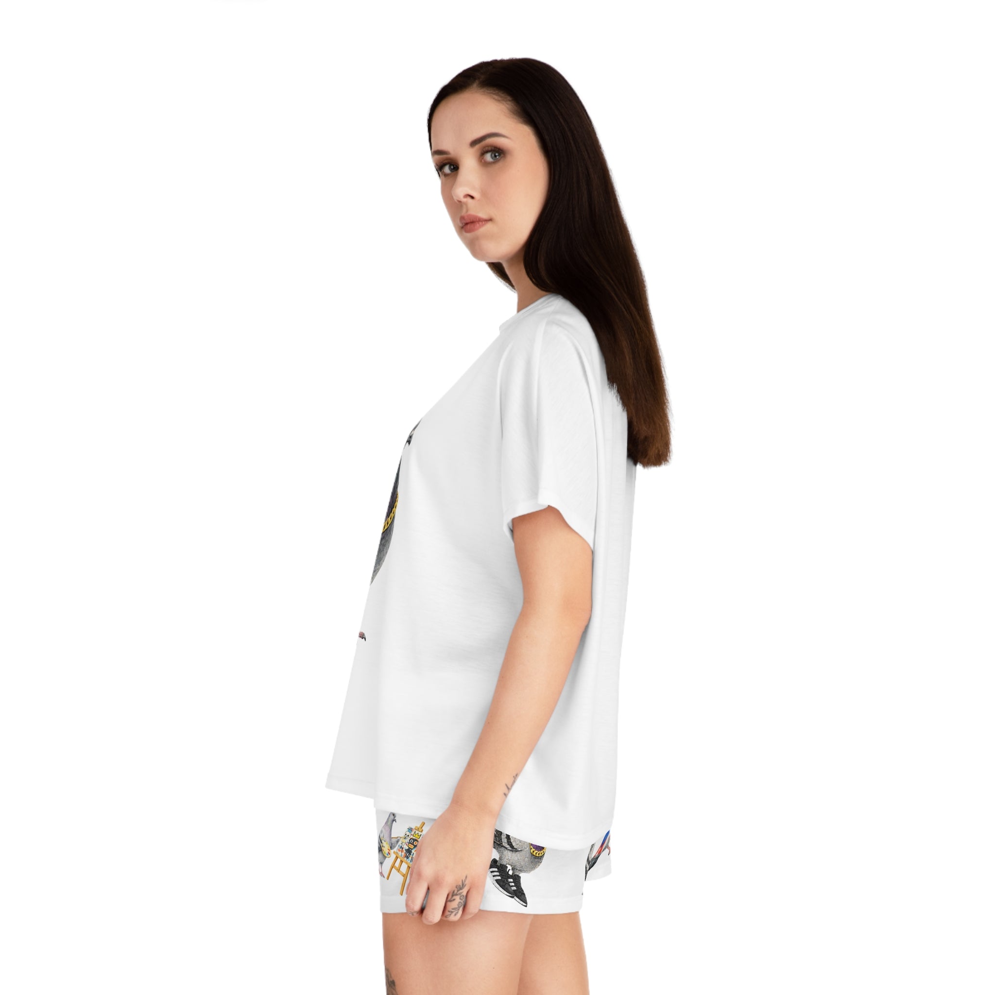 White NYC Pigeons Pattern Short Pajama Set | New York City Bird Lovers PJs Cozy Sleepwear