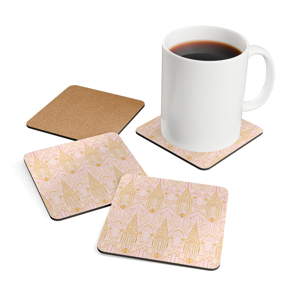 Art Deco Chrysler Building Gold & Pink Cork Coaster Set — Geometric Cocktail Coasters Set of 4