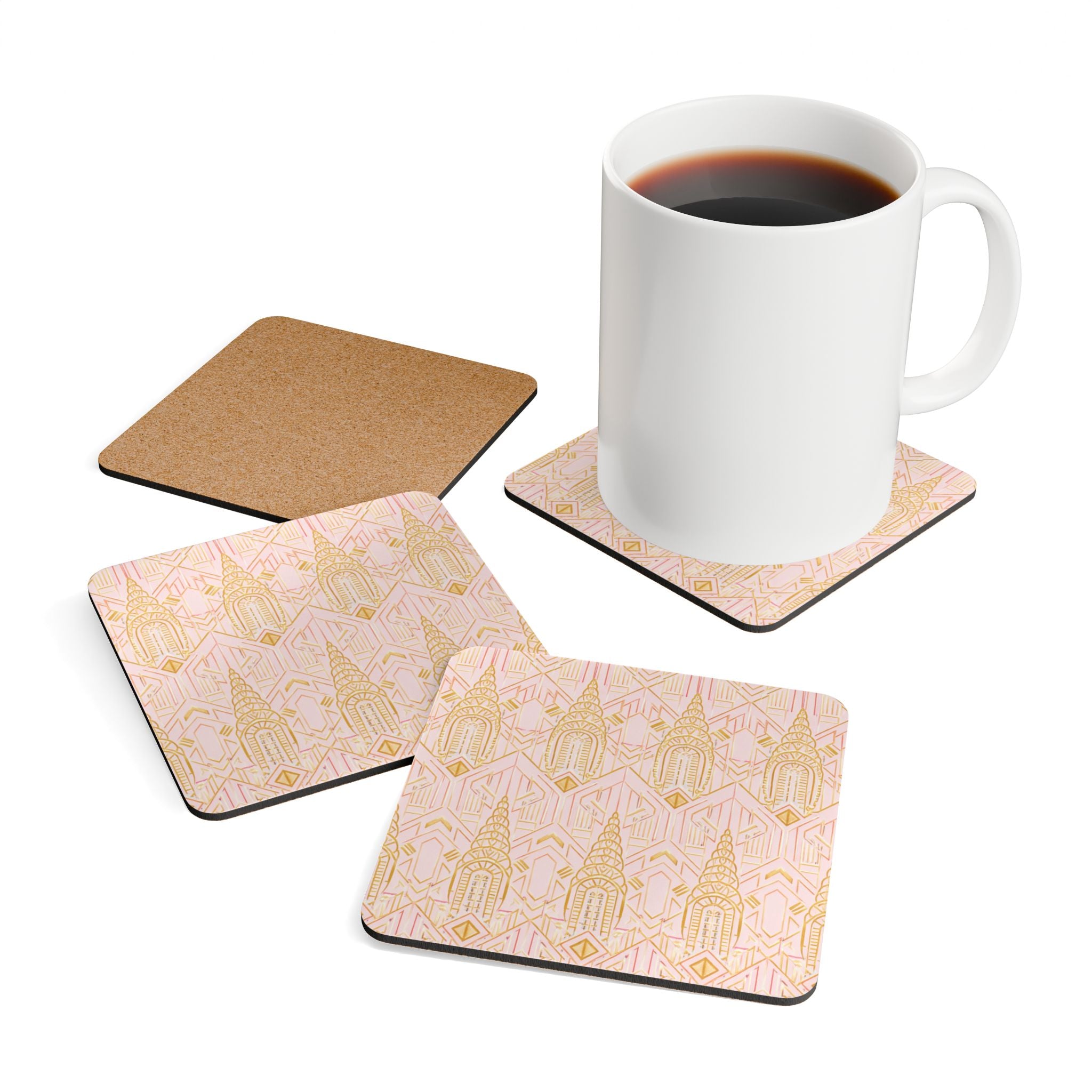 Art Deco Chrysler Building Gold & Pink Cork Coaster Set — Geometric Cocktail Coasters Set of 4