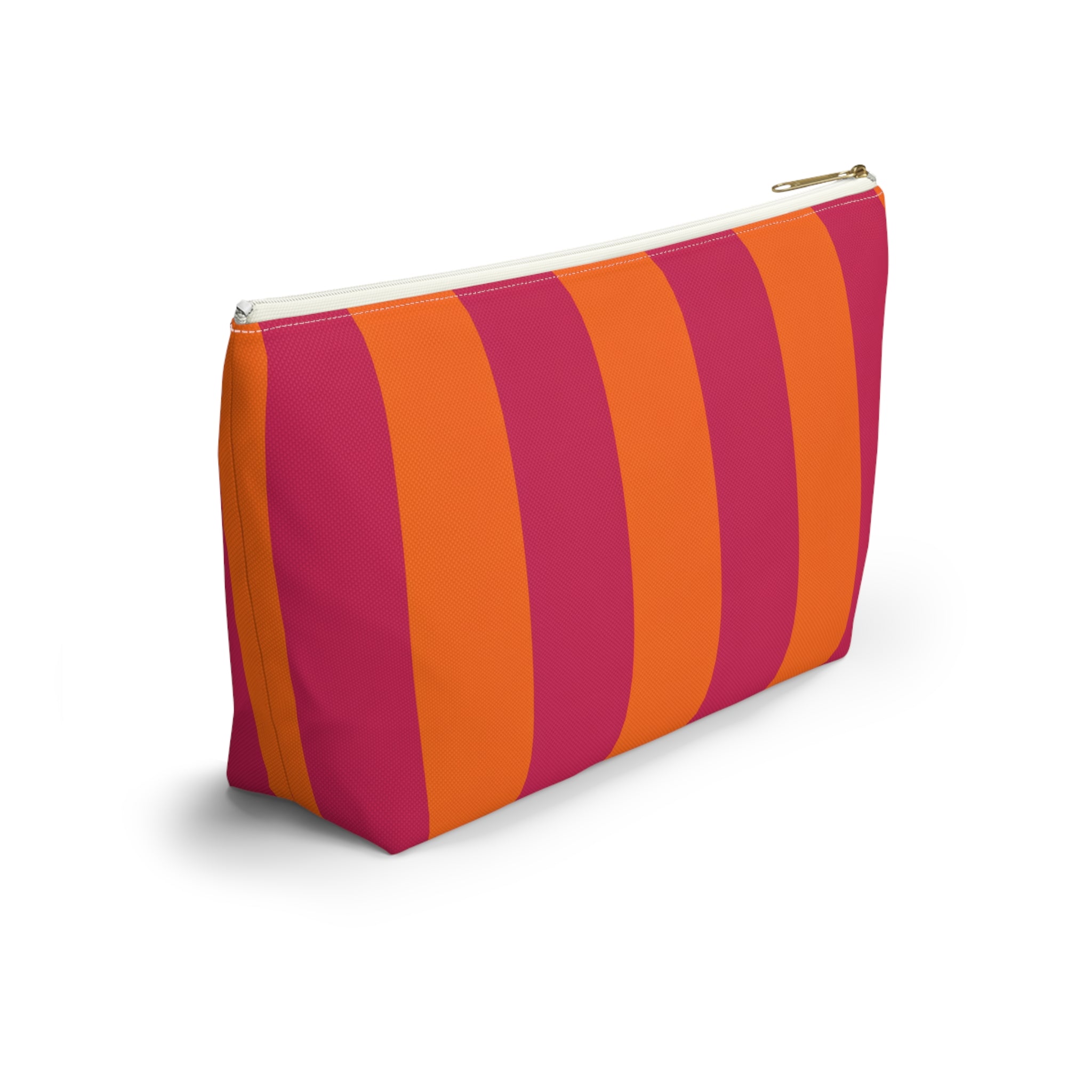 Customizable Striped Accessory Pouch — Pink & Orange T-Bottom Makeup Bag
