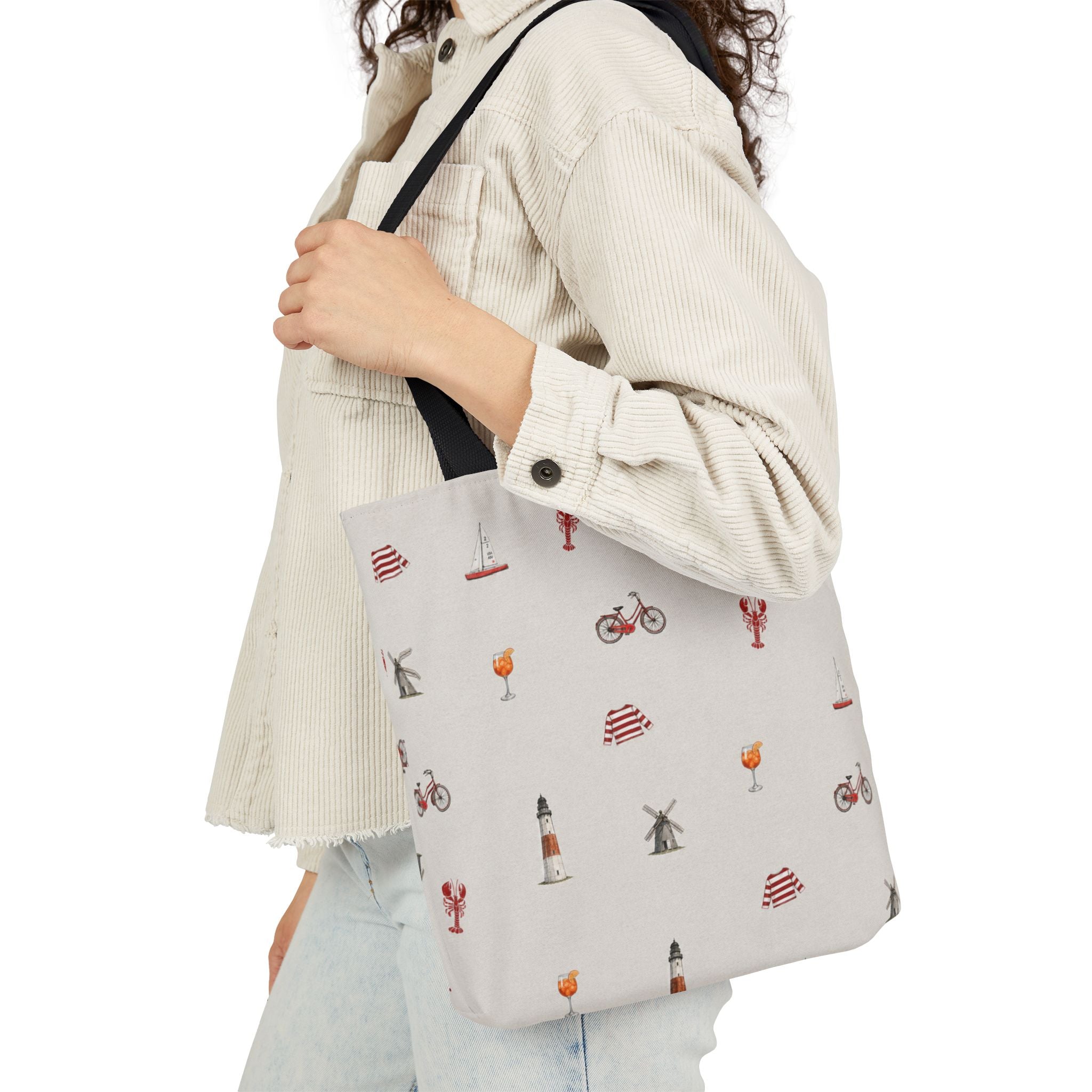Icons of the Hamptons Heather Gray Canvas Tote — Lighthouse, Windmill, Lobster, Sailboat Icons