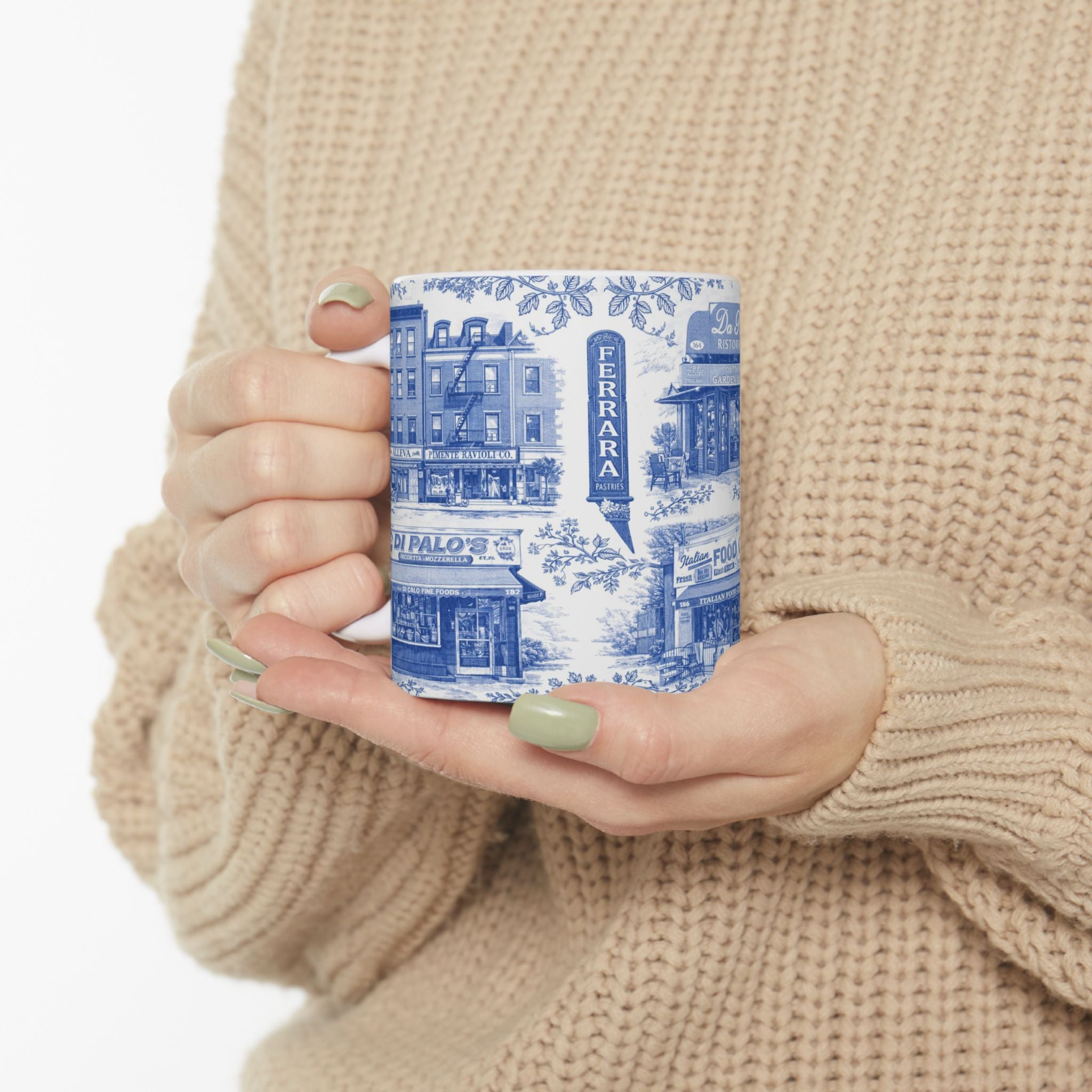 Little Italy Blue and White Toile Cityscape Mug | NYC Chinoiserie Ceramic Coffee Cup
