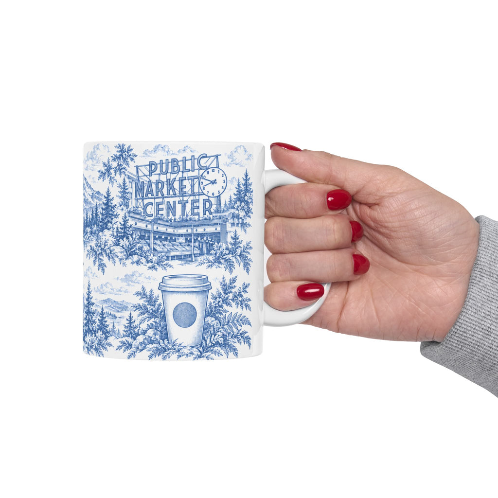 Seattle Blue Toile de Jouy Ceramic Mug — Seattle, Washington and Surroundings Scenic Coffee Cup (11oz)