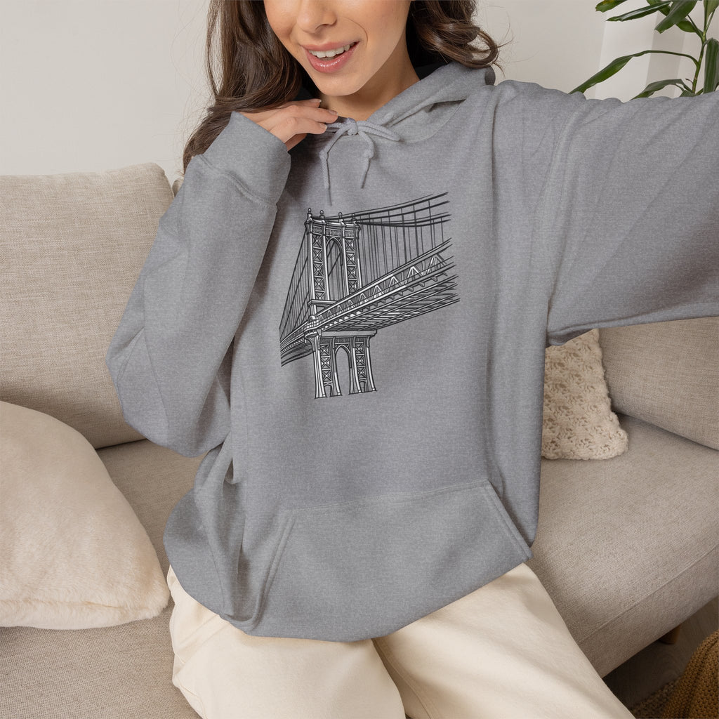 Manhattan Bridge Sketch Hoodie — New York City Bridge Pullover Hooded Sweatshirt