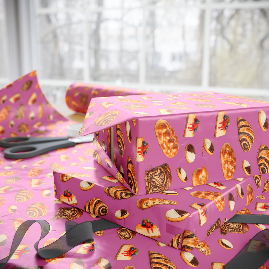 Kosher Bakery Pastries Pattern Pink Gift Wrap Paper | Bagels Challah Cheesecake Roll Gift Wrapping Paper