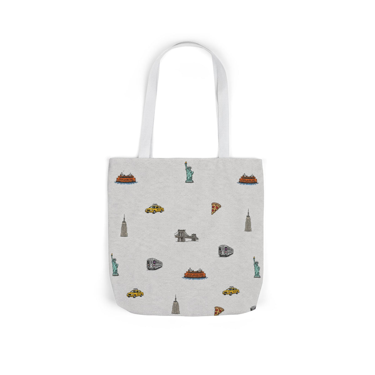 Icons of New York Heather Gray Canvas Tote — Statue of Liberty, Pizza & Taxi Pattern