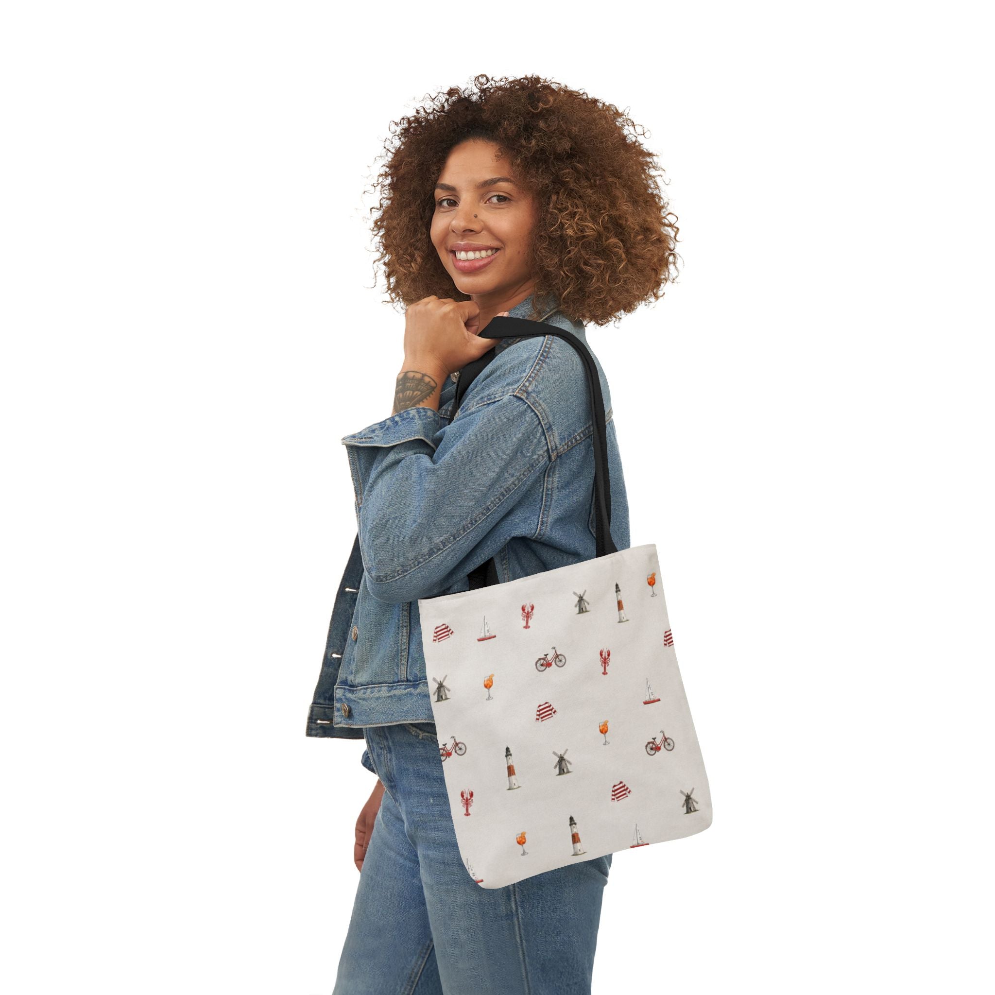 Icons of the Hamptons Heather Gray Canvas Tote — Lighthouse, Windmill, Lobster, Sailboat Icons