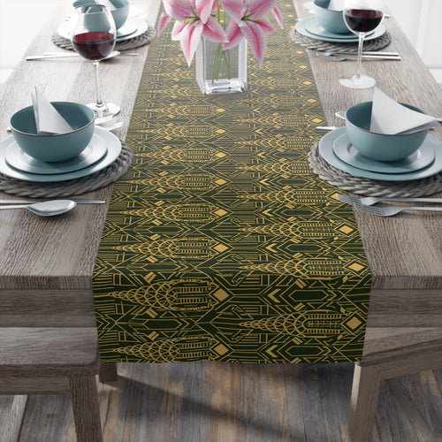 Art Deco Chrysler Building Green & Gold Table Runner — NYC Elegant Geometric Tabletop Dining Decor