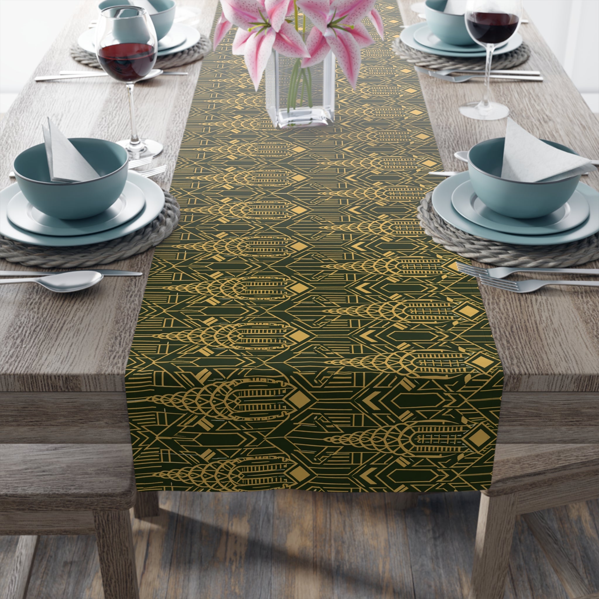Chrysler Building Art Deco Green & Gold Table Runner — NYC Elegant Geometric Tabletop Dining Decor