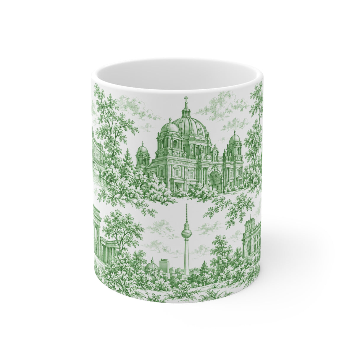 Berlin Green Toile de Jouy Mug — Ceramic Coffee Cup (11oz; Ships from Europe)