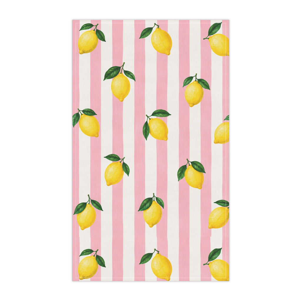 Little Italy Amalfi Pink and White with Lemon Tea Towel — Pink & White Stripes Kitchen Linen