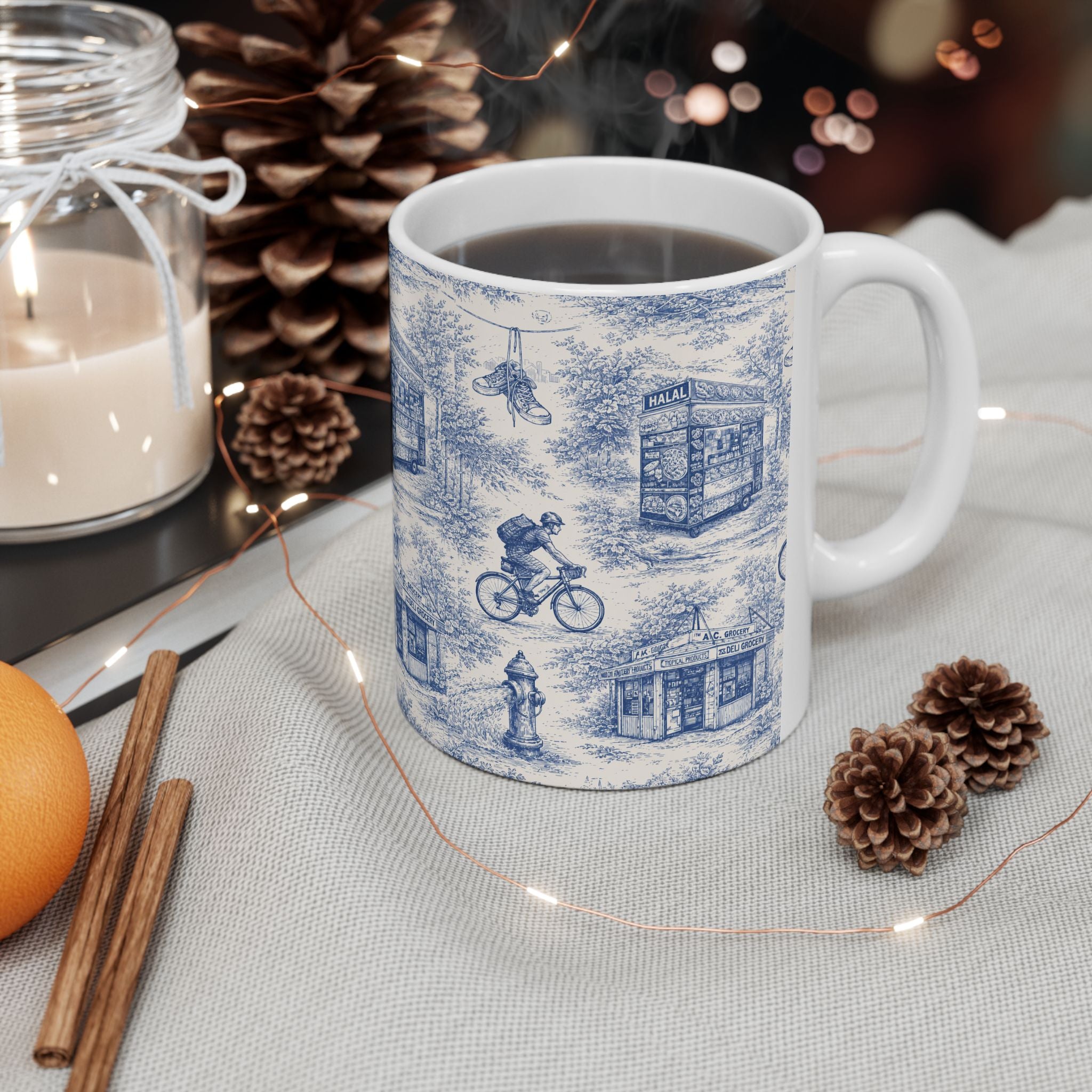 NYC Blue and White Toile City Scenes Mug | Chinoiserie Ceramic Coffee Cup
