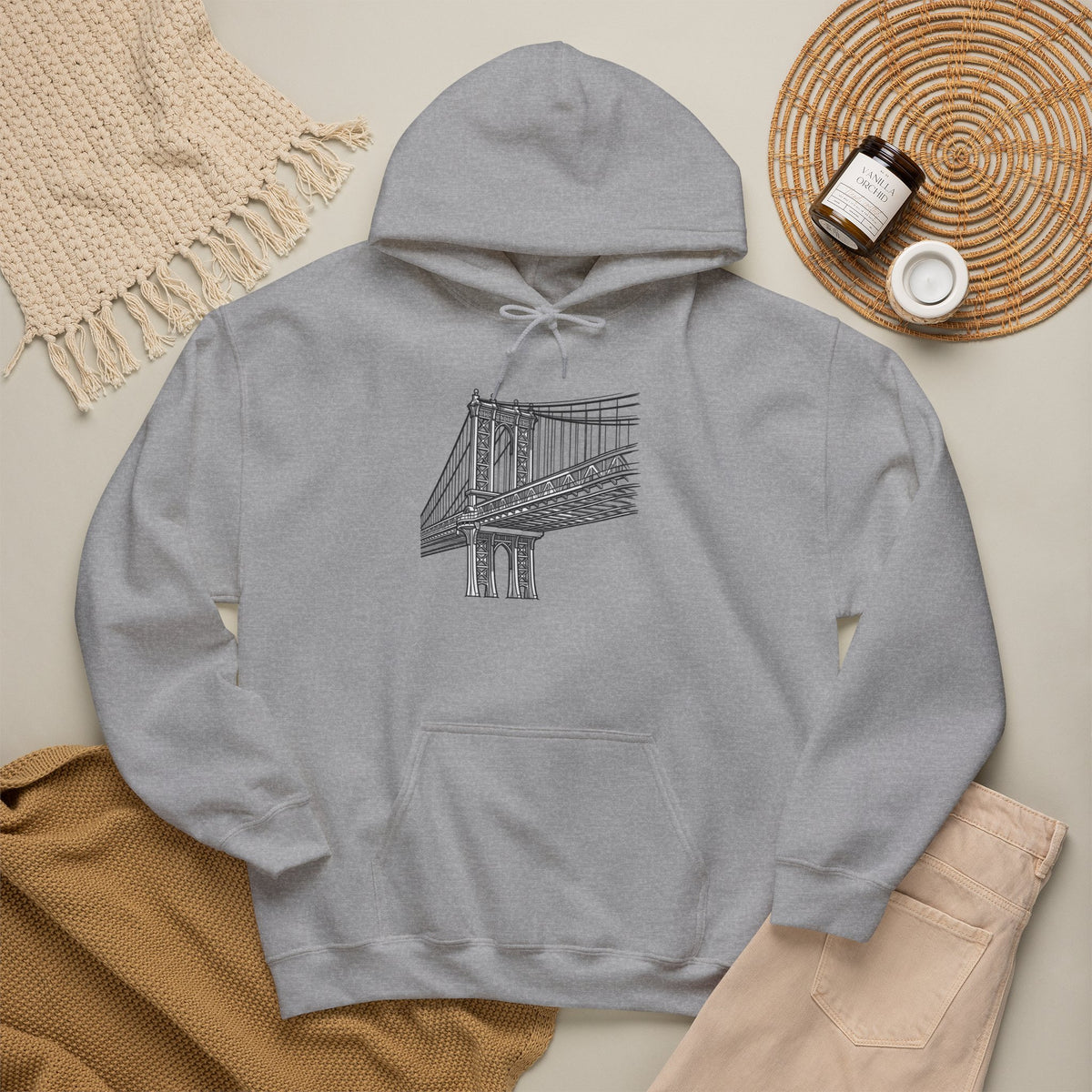 Manhattan Bridge Sketch Hoodie — New York City Bridge Pullover Hooded Sweatshirt