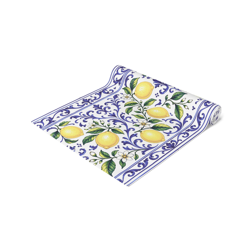 Little Italy Amalfi Blue and White with Lemon Table Runner – Mediterranean Blue & Yellow Dining Decor