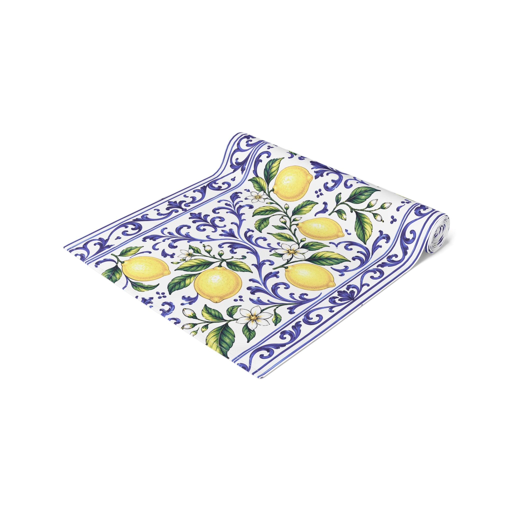 Little Italy Amalfi Blue and White with Lemon Table Runner – Mediterranean Blue & Yellow Dining Decor