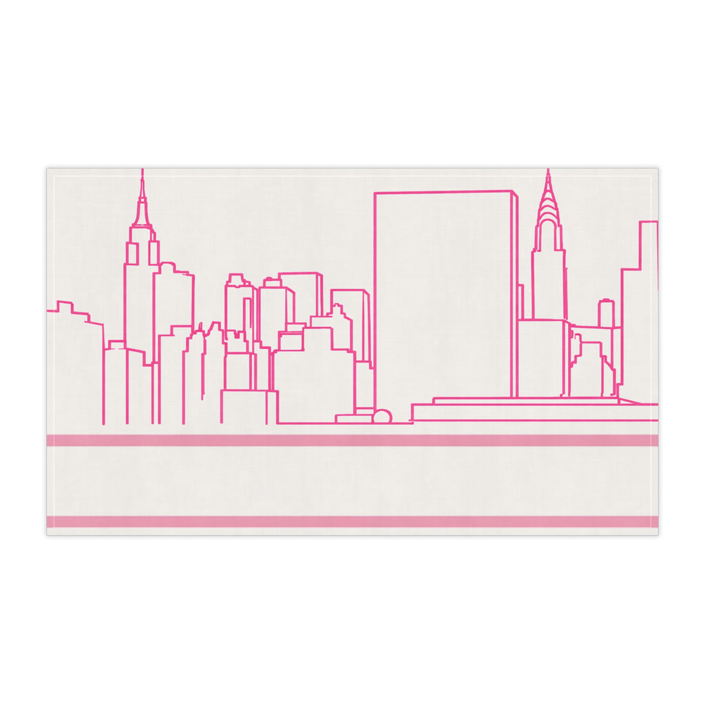 NYC Manhattan Skyline Pink Tea Towel — Minimal Pink & White New York City Skyline Kitchen Linen