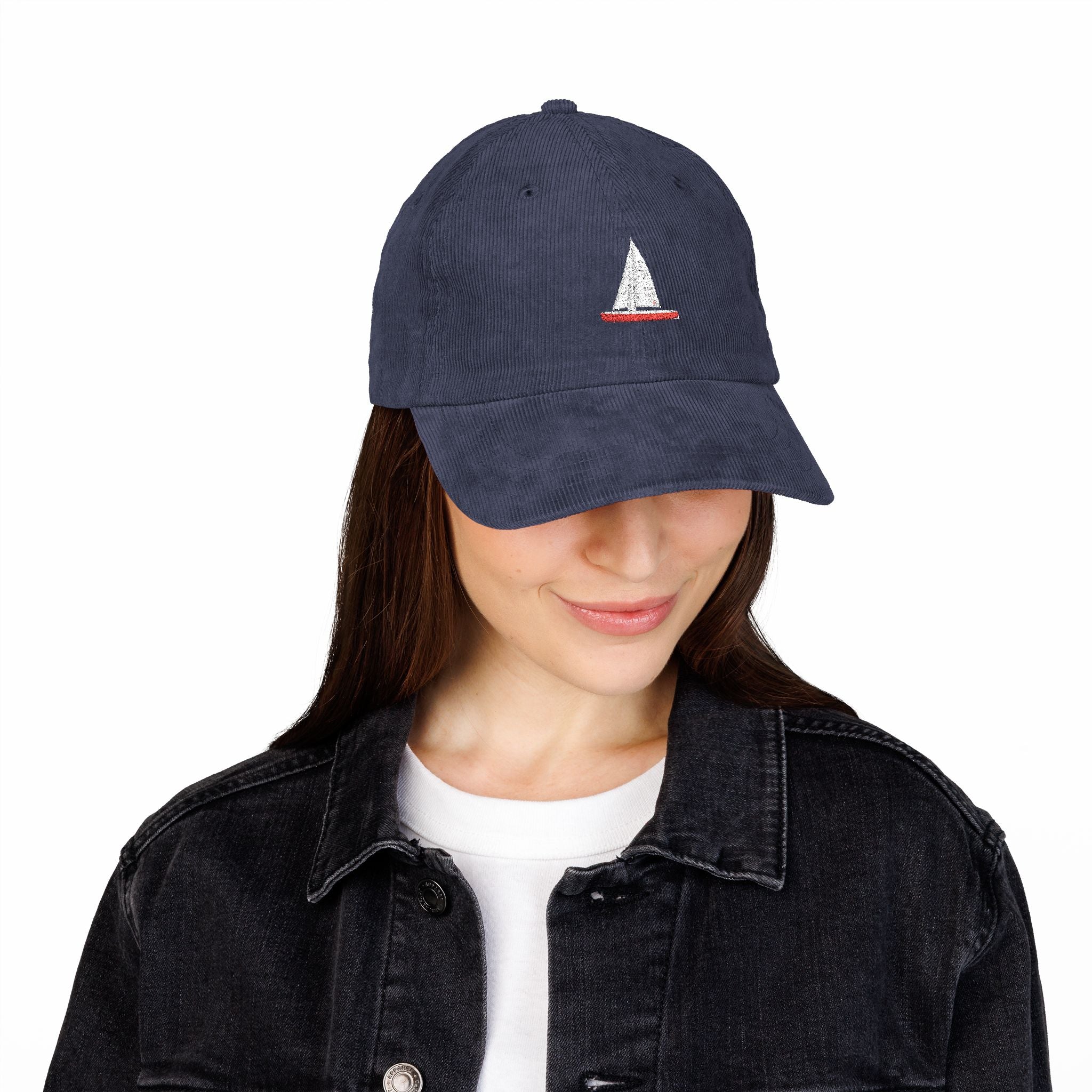 Central Park Model Sailboat Embroidered Corduroy Cap — Navy Trucker Hat