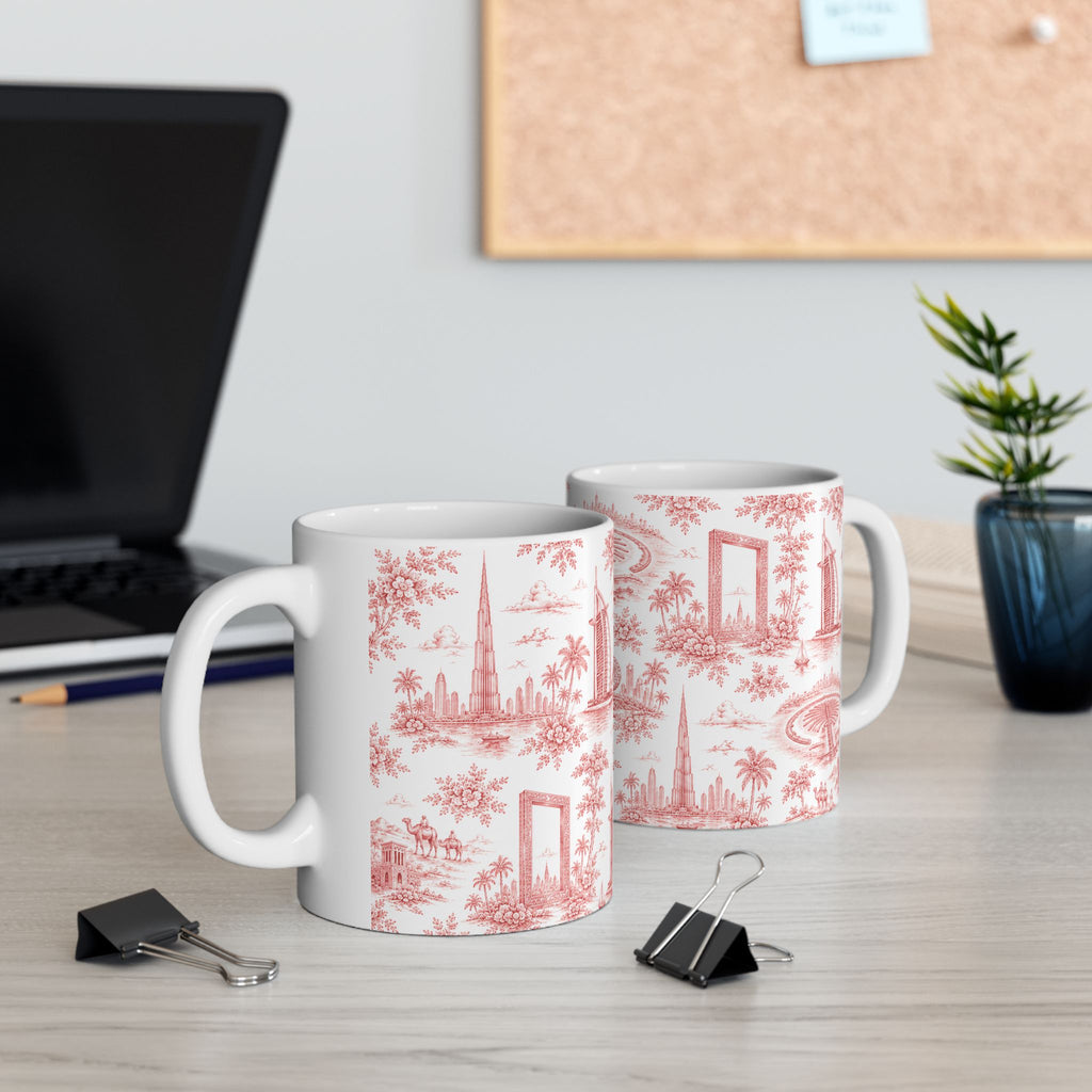Dubai Red Toile de Jouy Ceramic Mug — Ceramic 11oz Coffee Cup
