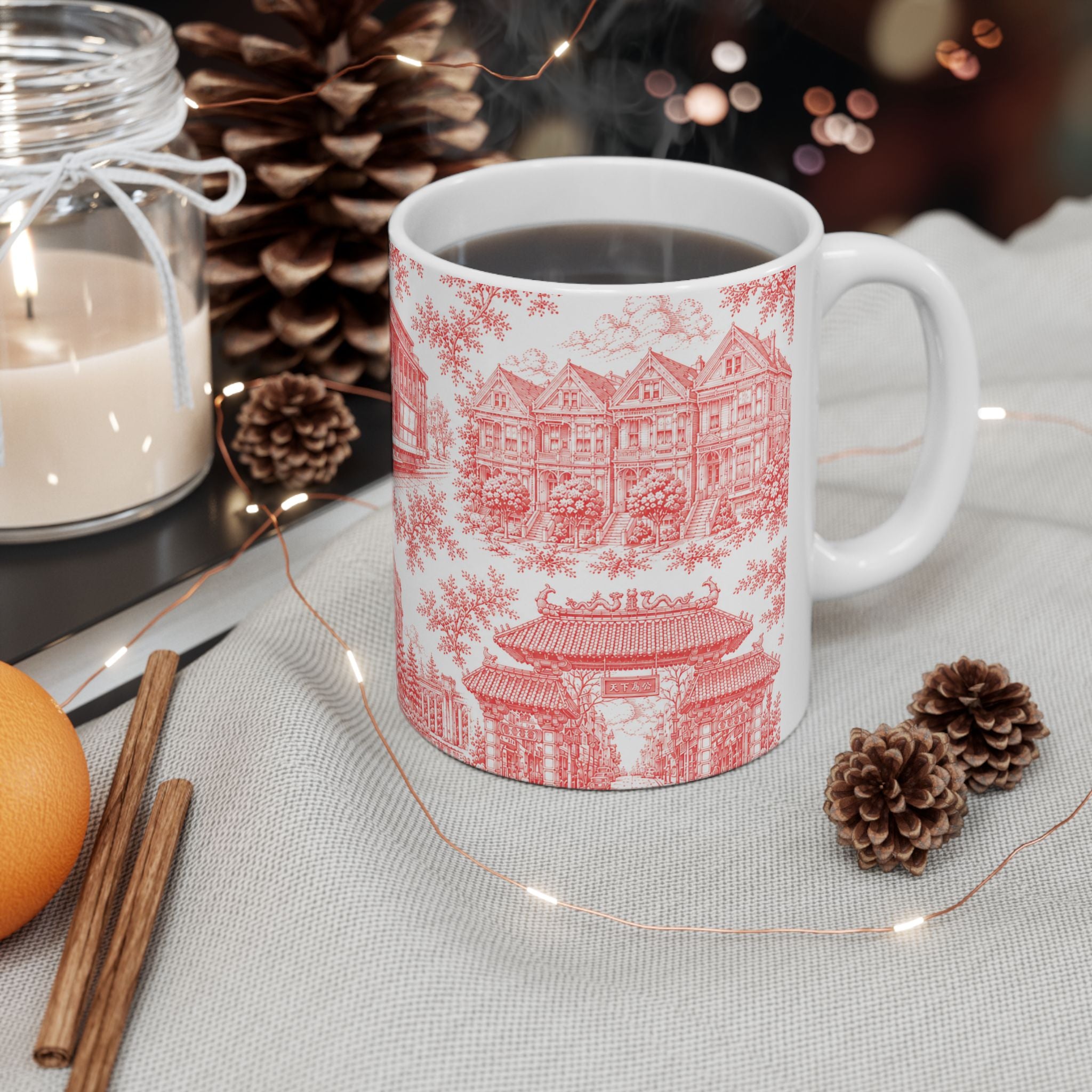 San Francisco RedToile de Jouy Ceramic Mug — Vintage Cable Car & Palace of Fine Arts Design (11oz)
