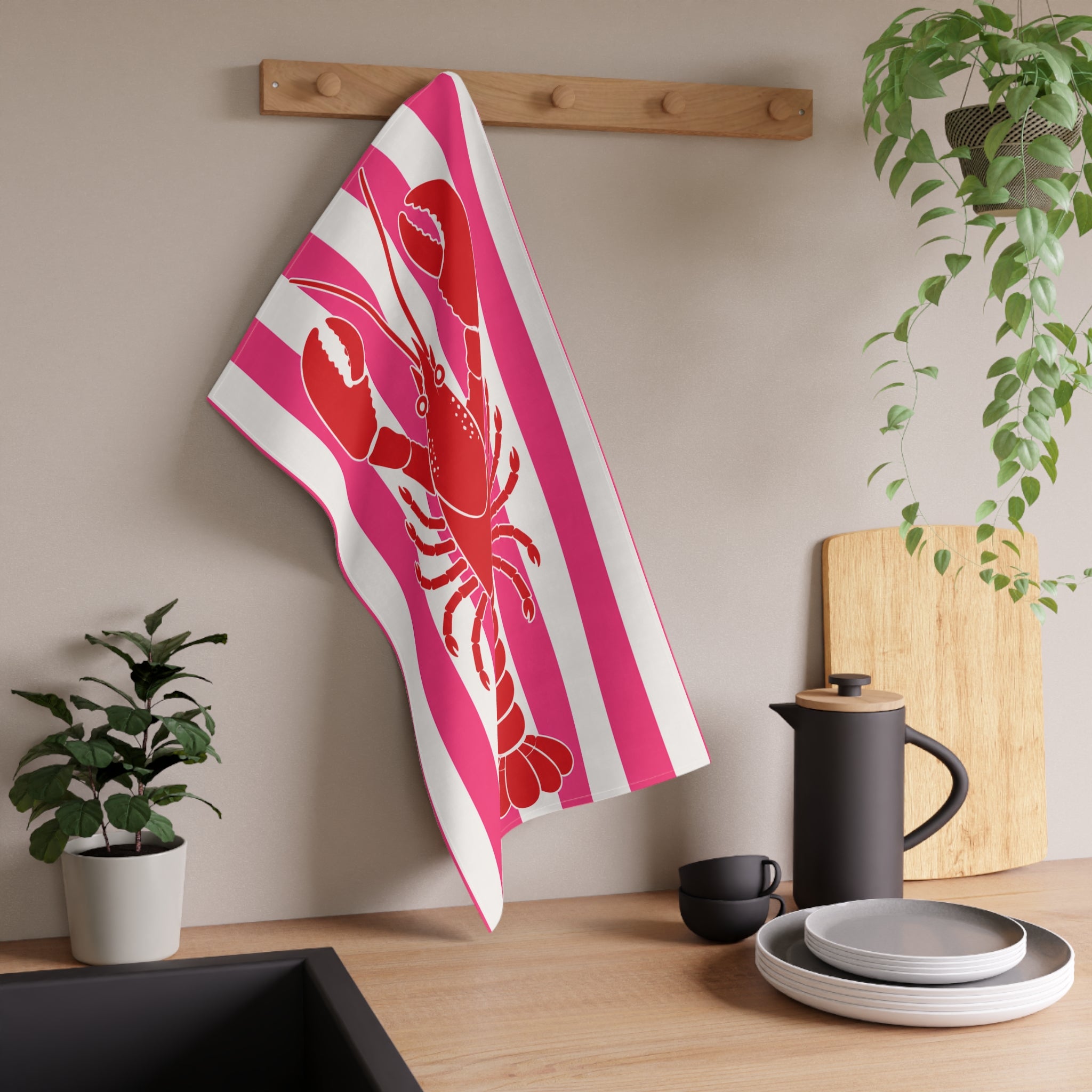 Hamptons Lobster Pink Tea Towel — ink & White Stripes Kitchen Linen